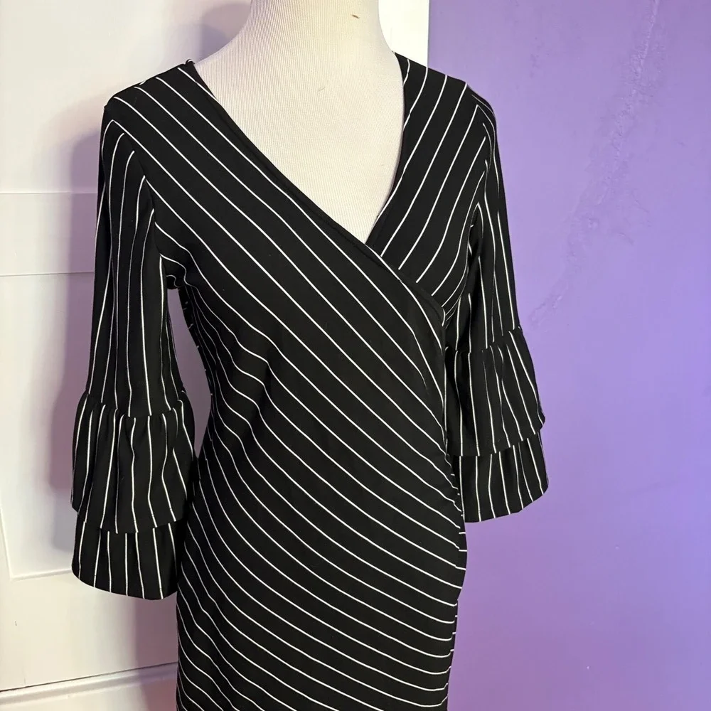Anthropologie Sunday Brooklyn Black White Striped Wrap Dress Bell‎ Sleeve Small